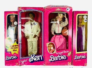(4) Barbies & Ken In Pink Boxes. (1) Angel Face Barbie - Beautiful old fashioned dress with makeup, etc. Barbie appears to be MINT but her box is dama