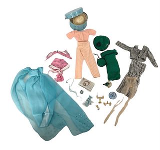 Lot of (6) Gene fashions including blue ball gown w/shoes & jewelry, 2-pc. Pink shoes and halter top w/shoes, peach pant outfit w/ hat, black and whit