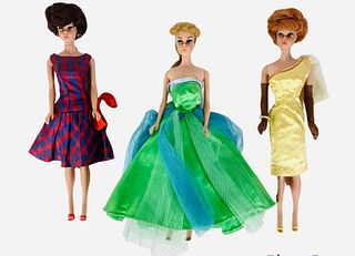 (3) Barbies including a (1) Fantastic Dark Brown near mint Bubblecut Barbie dressed in Beau Time with red pumps. Barbie has gold hoop earrings, neckla