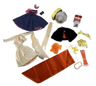 Lot of Gene Fashions including gold & white dress w/ matching jacket & hose; blue & hot pink dress w/ matching hat and purse & hose; 2-pc. Yellow shor