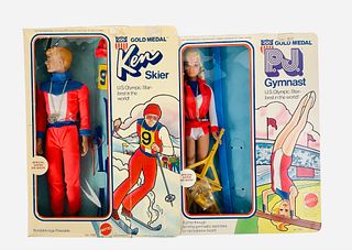 (2) 1974 Gold Medal Ken Skier and 1974 PJ the gymnast. They both have accessories with them. PJ has her beads for her ponytails. She comes with a bala