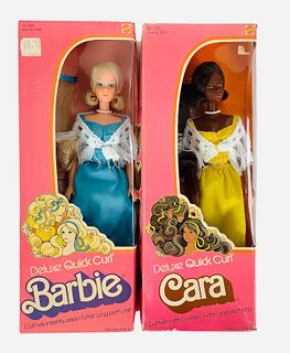 (2) beautiful Deluxe Quick Curl Barbie&Cara. They both are wearing similar dresses, Each doll has hair accessories to do their hair in their original 