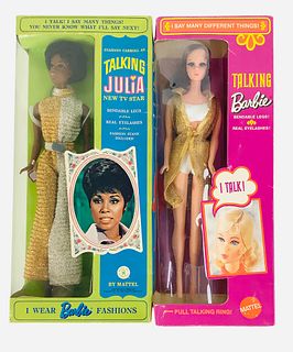 (2) Talking Barbie and friend Talking Julia. The brunette Barbie in the white&gold bathing suit with beautiful long eyelashes & bendable legs. Talking