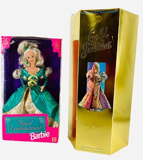 2 Barbies including 35th Anniversary "Gold Jubilee" and "Royal Enchantment" in green dress. In orginial boxes.