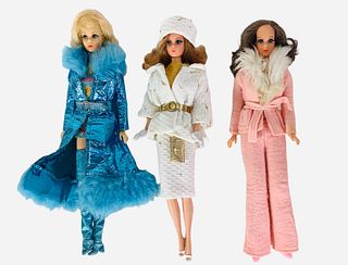 (3) beautiful Barbies including (1) a brownette Standard Barbie wearing a gorgeous homemade, white/gold dress and coat, hat, white shoes and purse. Le