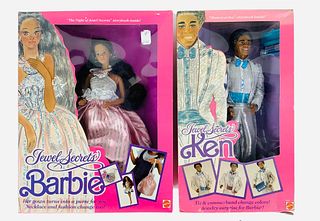 (2) Jewel Secrets Ken and Jewel Secrets Barbie in original boxes. (1) Jewel Secrets AA Ken that comes in a silver tuxedo that you can change tie & cum