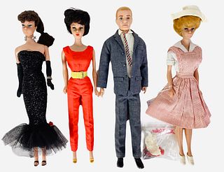 (4) dolls including 3 Barbies & Ken. (1) Starting off is a brunette # 6 that comes wearing Solo In The Spotlight vintage dress, black heels, arm glove
