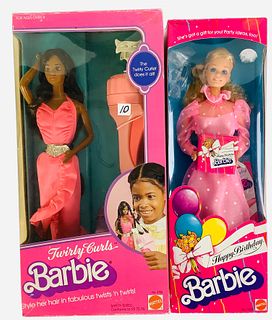 2 Barbies including Twirly Curl AA Barbie in original box and Happy Birthday Barbie also has her original box. Both boxes have minimal damage and do n