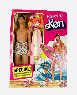 (1) Hawaiian Ken in pink box. Ken comes with, Swim trunks ,lei, surfboard, necklace and towel. Box has damage.