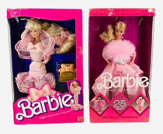 2 Barbies, "Perfume Pretty" in pink dress, NRFB and "Pink Jubilee" pink dress, NRFB. Perfume Pretty box has damage on left corner.