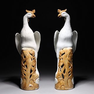 Pair of Chinese Porcelain Phoenix Bird Statues
