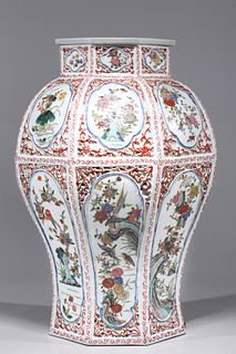Chinese Faceted Famille Verte Enameled Porcelain Vase