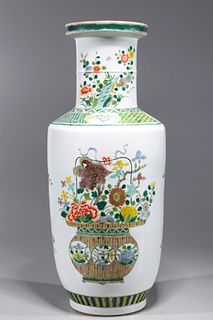 Chinese Famille Verte Enameled Porcelain Rouleau Vase