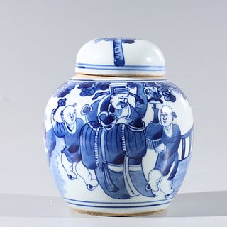Antique Chinese Blue & White Covered Porcelain Jar