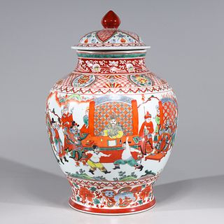 Chinese Famille Verte Enameled Porcelain Covered Vase