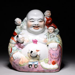 Chinese Famille Rose Enameled Porcelain Buddha Statue