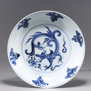 Chinese Blue & White Porcelain Dragon Dish