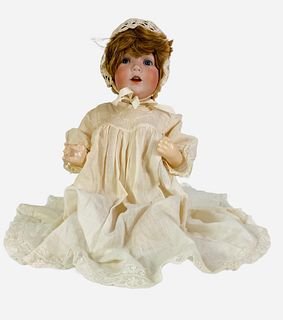 Kestner J.D.K. 245 bisque socket head character baby "Hilda". 16" doll with replace wig, glass sleep eyes, open mouth with teeth, on five-piece bent l