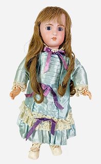 Jumeau 1907 bisque socket head girl. 15 3/4" doll with replaced human hair wig, stationary glass eyes, pierced ears, open mouth with teeth, on jointed