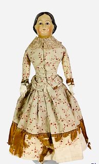 Early Greiner style Papier Mache shoulder head lady. 22" doll with molded and painted hair and facial features, stationary glass eyes, partially expos