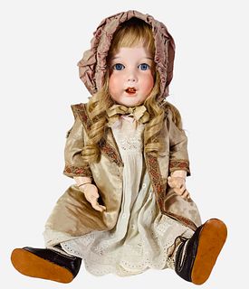 S.F.B.J. 251 bisque socket head toddler. 23" doll with human hair wig, glass sleep eyes with eyelashes, open mouth with teeth, wobbly tongue, on joint