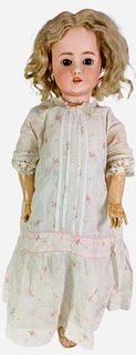 Schoneau & Hoffmeister 1906 bisque socket head girl. 26" doll with original mohair wig, glass sleep eyes with eyelashes, open mouth with teeth, on joi