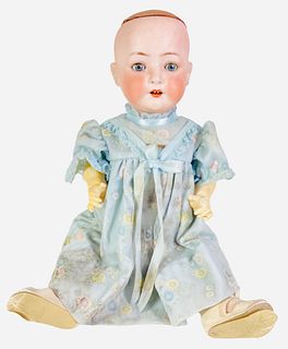 Heubach Koppelsdorf 320 bisque socket head baby. 21" doll with glass sleep eyes with eyelashes, pierced nostrils, open mouth with teeth, on five-piece