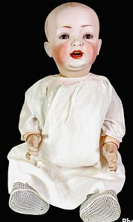 Hertel, Schwab & Co. 151 bisque socket head character baby. 22" solid dome doll with molded and painted hair, glass sleep eyes, open mouth with molded