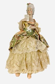 German Half Doll "Arms Away" lady. 8 3/4" (seated) bisque half doll with molded and painted hair and facial features, china glazed hair and letter, ap