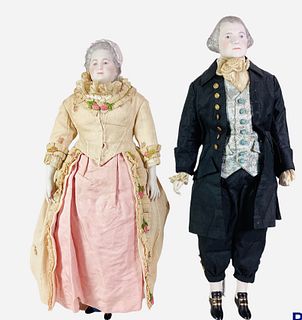 George and Martha Washington portrait dolls by Emma Clear. 19 1/2" and 18" molded and painted shoulder head dolls on cloth bodies with bisque lower ar