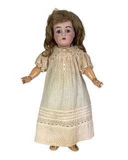 Kestner 167 bisque socket head girl. 17" doll with antique mohair wig, glass sleep eyes, molded brows, open mouth with teeth, on jointed composition b