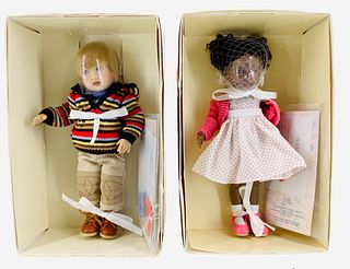 (2) Kish & Company Riley's World dolls. Includes "Jada" and "D.J.", both 8" multi-jointed in original boxes with COA's. Dolls have not been removed fr