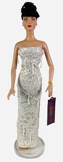 16" Tonner Tyler Wentworth Collection doll, redressed in White evening gown with sequins. Some beads on back are loose. Has hand tag. No box.