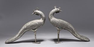 Pair of Silver Metal Peacock Statues