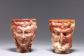 Pair of Carved Incolay Stone Cups