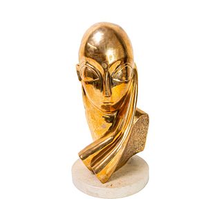 Signed Abstract Modern Gilt Brass Bust Of Man