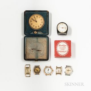 Five Wristwatches and Two Desk or Traveling Clocks
