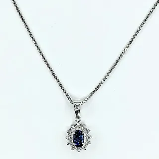 Classic Sapphire & Diamond Halo Pendant Necklace - Platinum