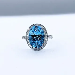 Unique "Laser Cut" Blue Topaz & Diamond Halo Cocktail Ring