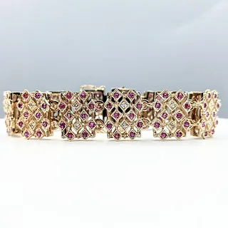 Exquisitely Detailed Ruby, Diamond & 14K Gold Link Bracelet