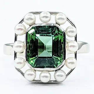 Stunning Green Tourmaline & Cultured Pearl Cocktail Ring