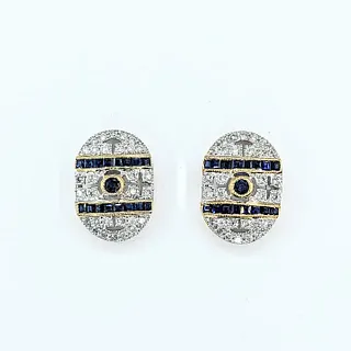 Art Deco Revival Diamond & Sapphire Stud Earrings - 18K Gold