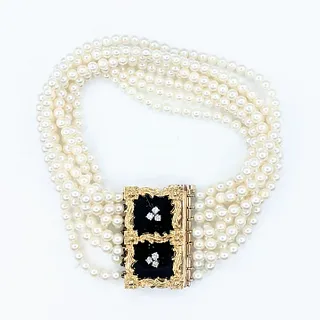 Beautiful 8 Strand Cultured Pearl, Onyx & Diamond Bracelet - 18K Gold