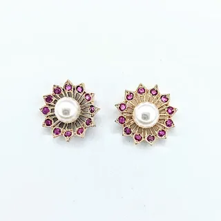 Stylish Mid Century Cultured Pearl & Ruby Stud Earrings