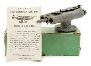 Pratt’s Cast Double-Barrel Percussion Burglar Alarm and Animal Trap with Mount, Instructions and Cardboard Box 