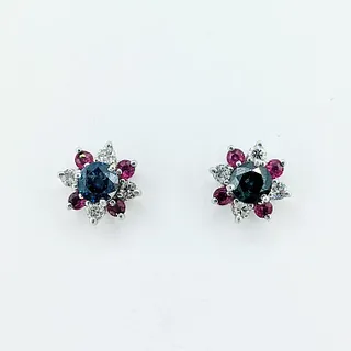 Beautiful Blue Diamond Stud Earrings with Ruby & Diamond Jackets