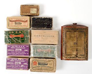 Assorted Boxes of Antique Ammo and Powder Can 
