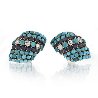 David Webb 1960's Turquoise Sapphire And 1.50cts Diamonds Earrings