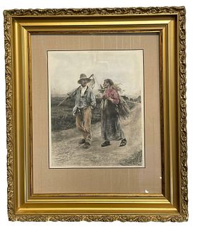 Late 19th C. Colorized Lithograph Titled "Harvesting Couple" by GEO BARRIE