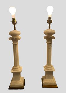 Pair of Matching White Corinthian Alabaster Column Lamps 